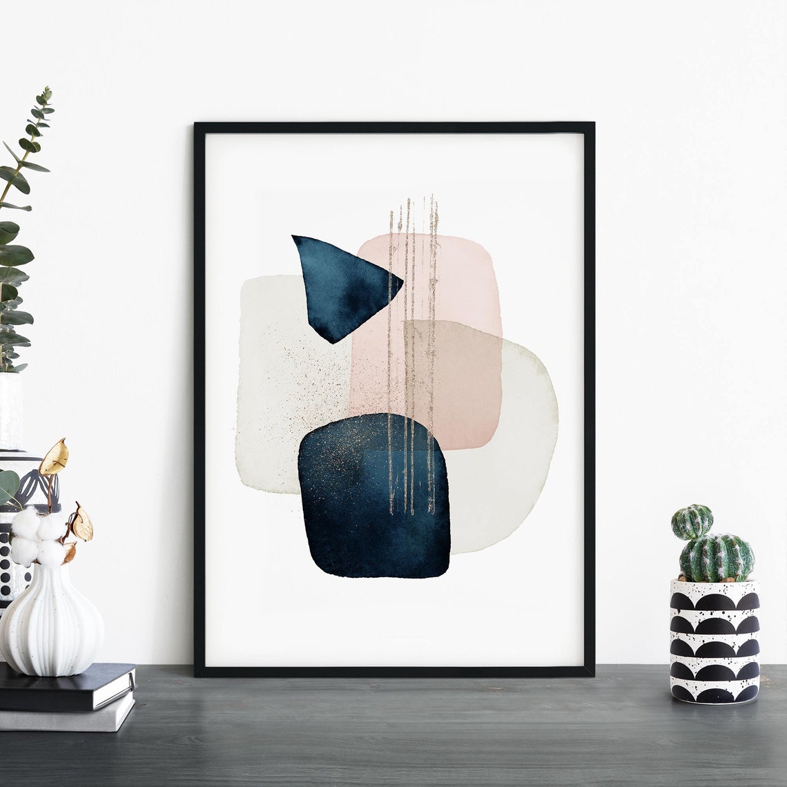 Navy and Blush Abstract Geometric Watercolor Shapes Decor Poster