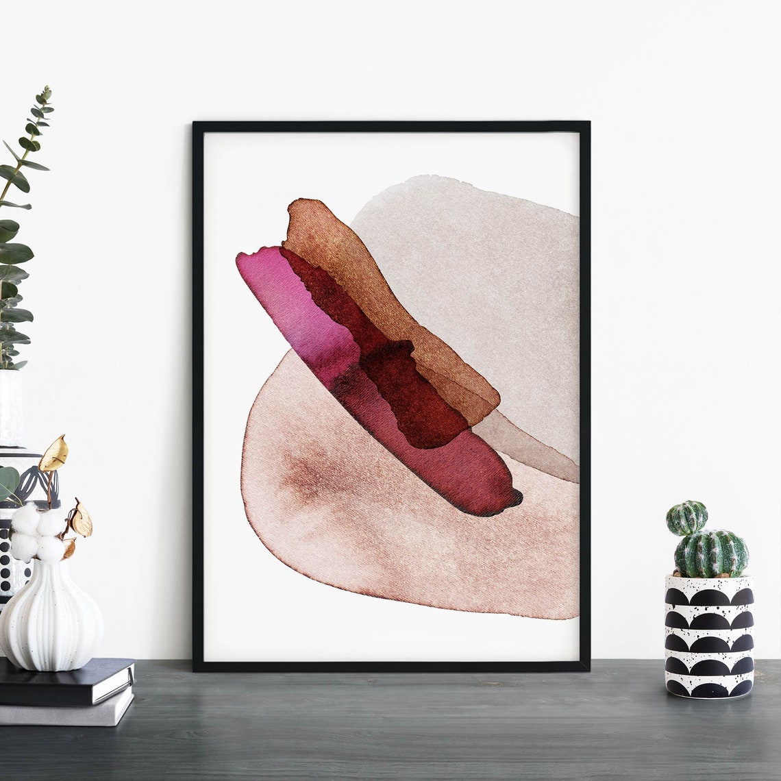 Fuchsia Rust Diagonal Watercolor Stroke on Grey Pebble Abstract Poster