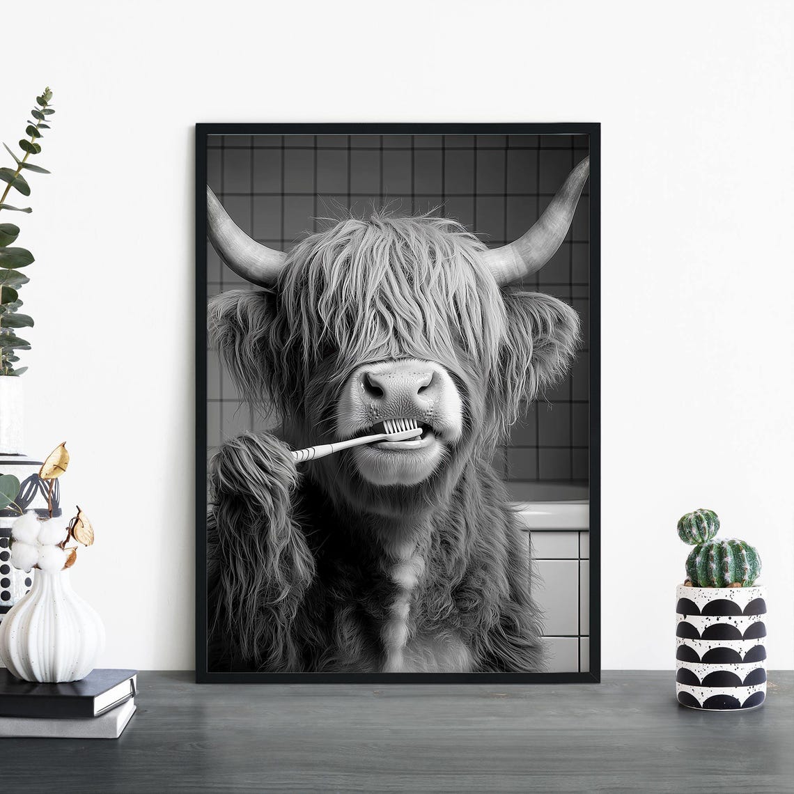 Highland Cow Brushing Teeth Funny Bathroom Animal Photo Poster