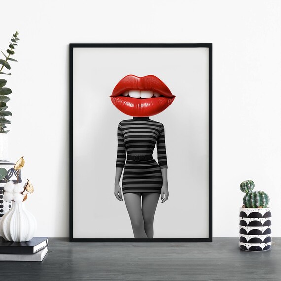 Lippy Collage Red Lips Woman Surreal Pop Art Fashion Print Decor
