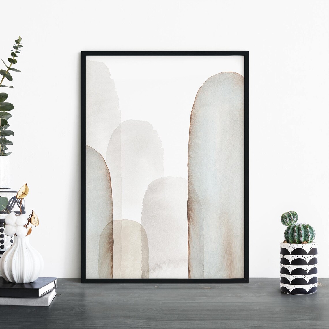 Watercolor Arch Domes Abstract Poster In Pale Gray And Stone Tones