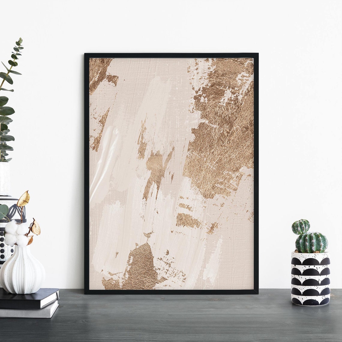 Beige and Gold Leaf Abstract Horizontal Brushstroke Wall Art