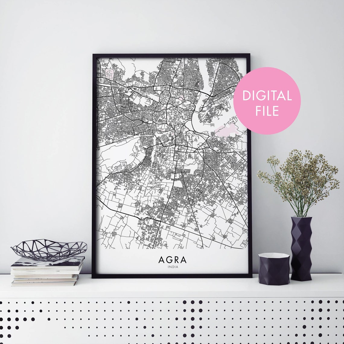 Agra India Black and White Street Map Digital File Travel Poster