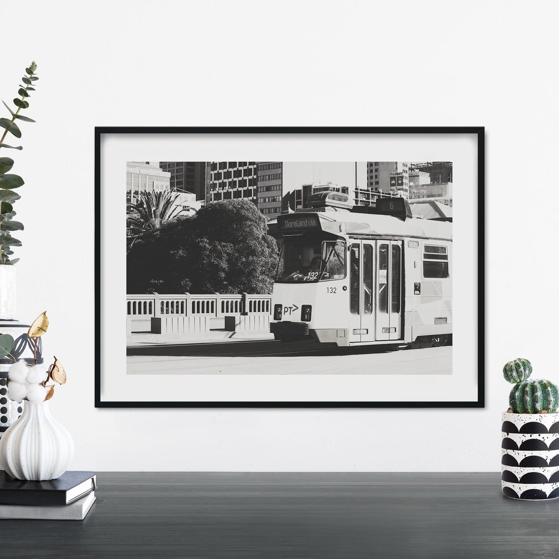 Melbourne City Tram on a Bridge Black and White Street Photo Poster