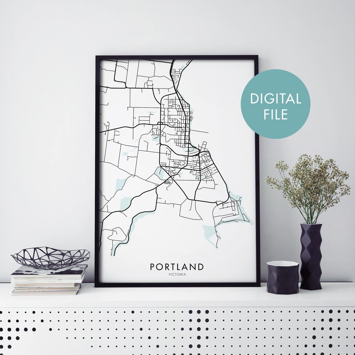 Portland Victoria Australia Black Line City Map Digital File Poster