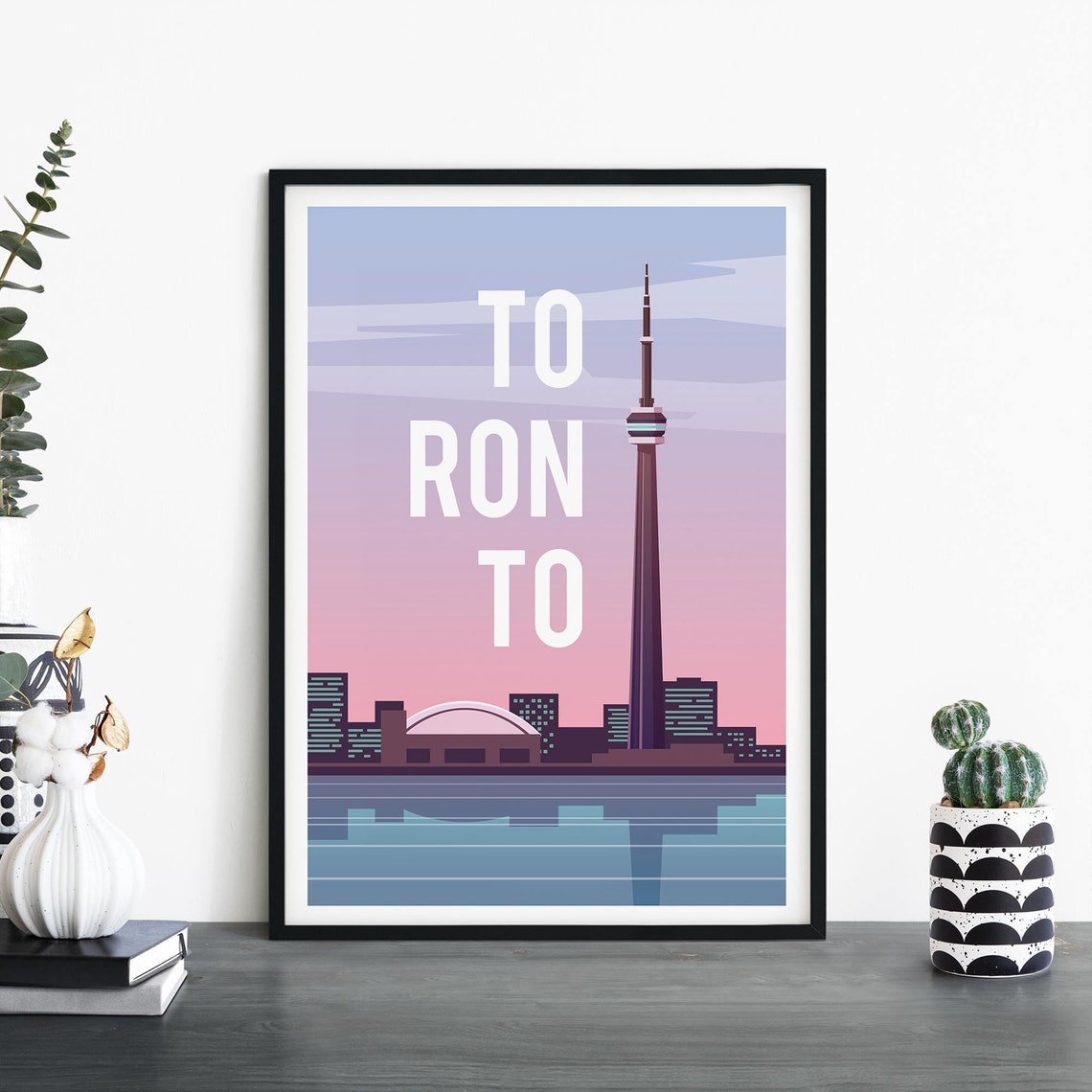 Toronto CN Tower Skyline at Dusk Illustrated Travel Poster Canada