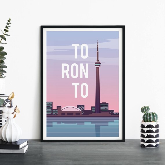 Toronto CN Tower Skyline at Dusk Illustrated Travel Poster Canada