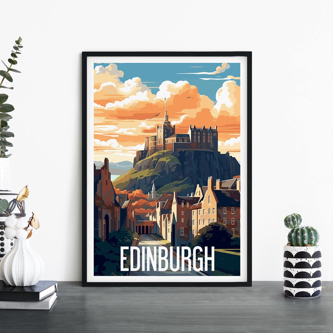 Edinburgh Castle Sunset Skyline Scottish Vintage Travel Poster