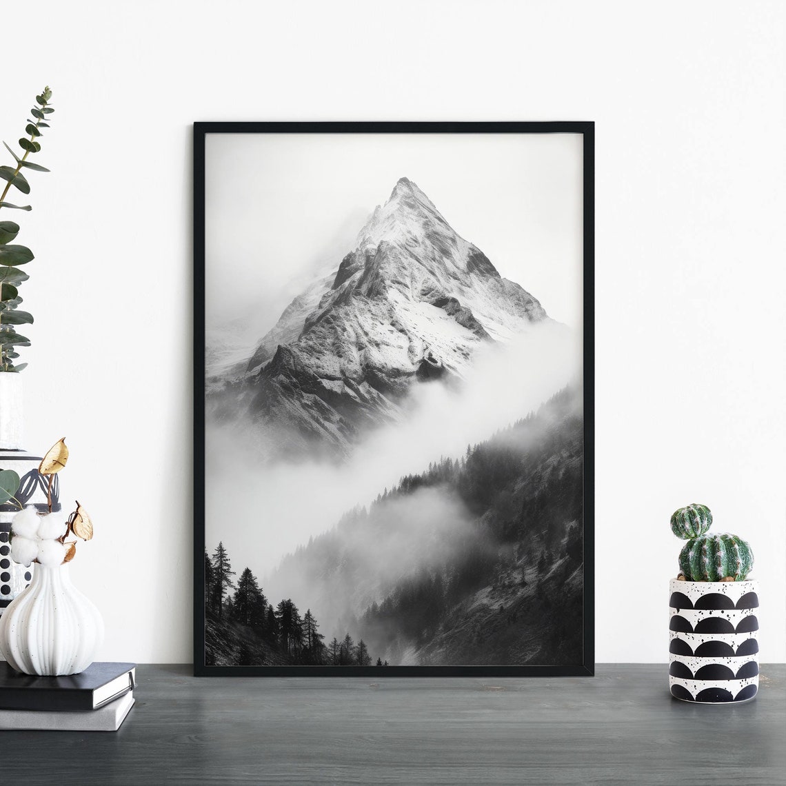 Foggy Mountain Black White Print Wall Art A4 A3 A2 A1