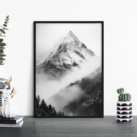 Foggy Mountain Black White Print Wall Art A4 A3 A2 A1
