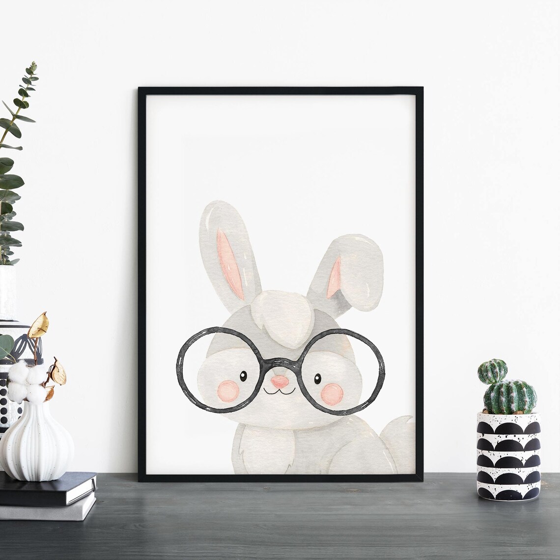 Rabbit In Oversized Specs Animal Watercolour Kids Childrens Print Wall Art 4x6 5x7 A4 A3 A2 A1