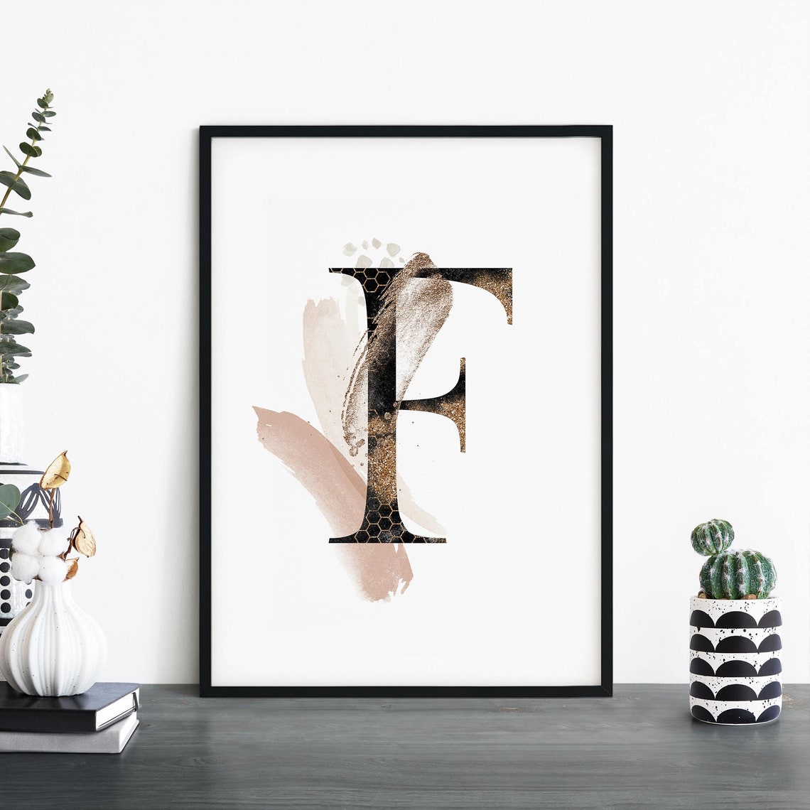 Letter F Black and Gold Abstract Monogram Watercolor Nursery Poster