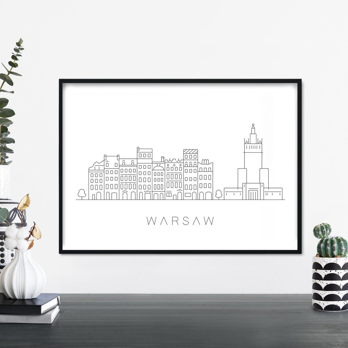 Warsaw Poland Skyline Minimalist Linear Illustration Travel Poster