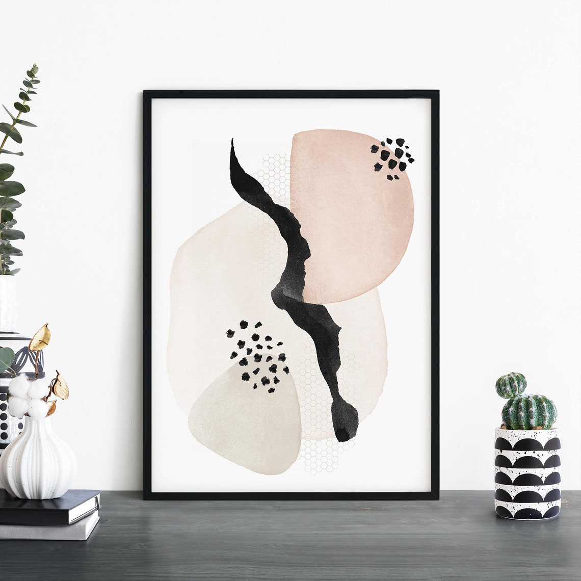 Abstract Beige Watercolor Shapes Black Brushstroke Modern Wall Art