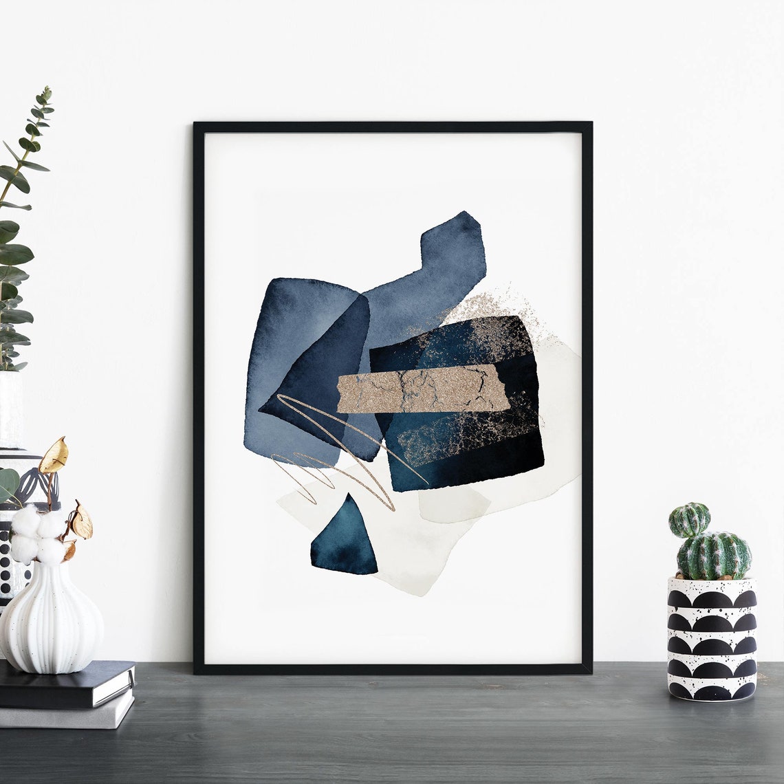 Navy Blue Abstract Watercolor Shapes With Gold Detail Wall Art