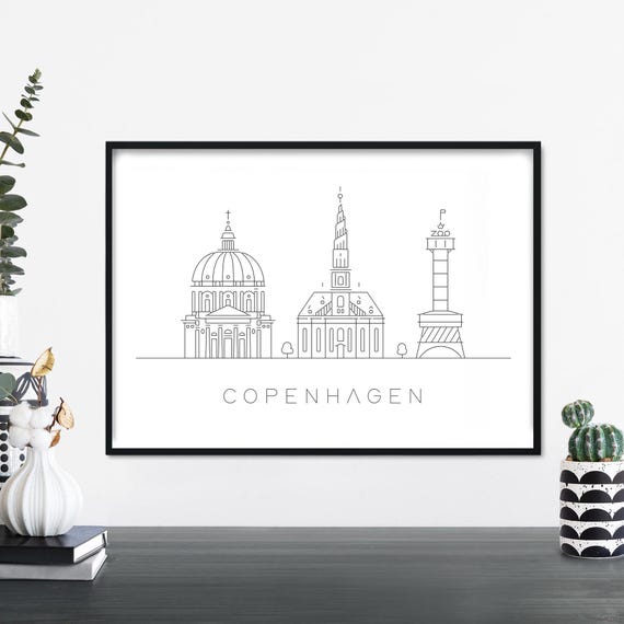 Copenhagen City Skyline Linear Illustration Print Wall Art 4x6 5x7 A4 A3 A2 A1