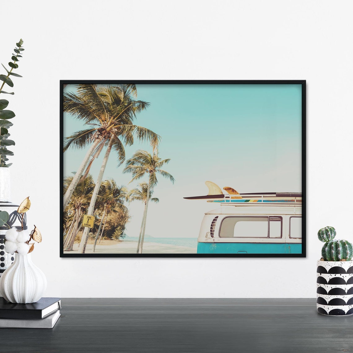 Retro Surf Van With Surfboards Palm Trees Beach Roadtrip Wall Art