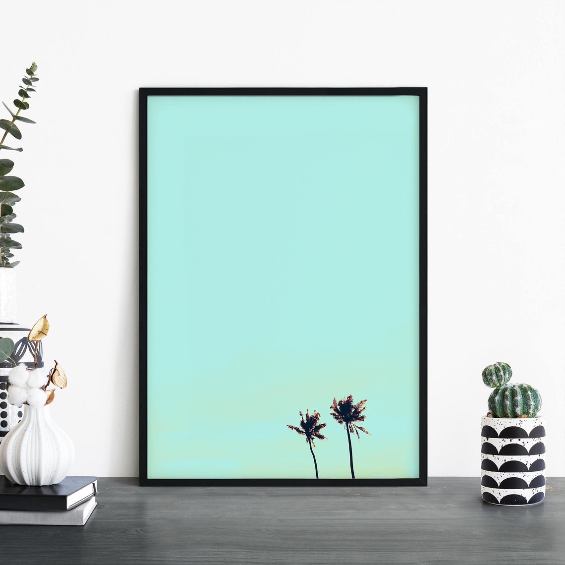 Two Small Palm Trees Under Vast Teal Sky Serene Minimal Poster