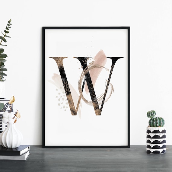 Black Gold Abstract Letter W Monogram Modern Brushstroke Art Poster