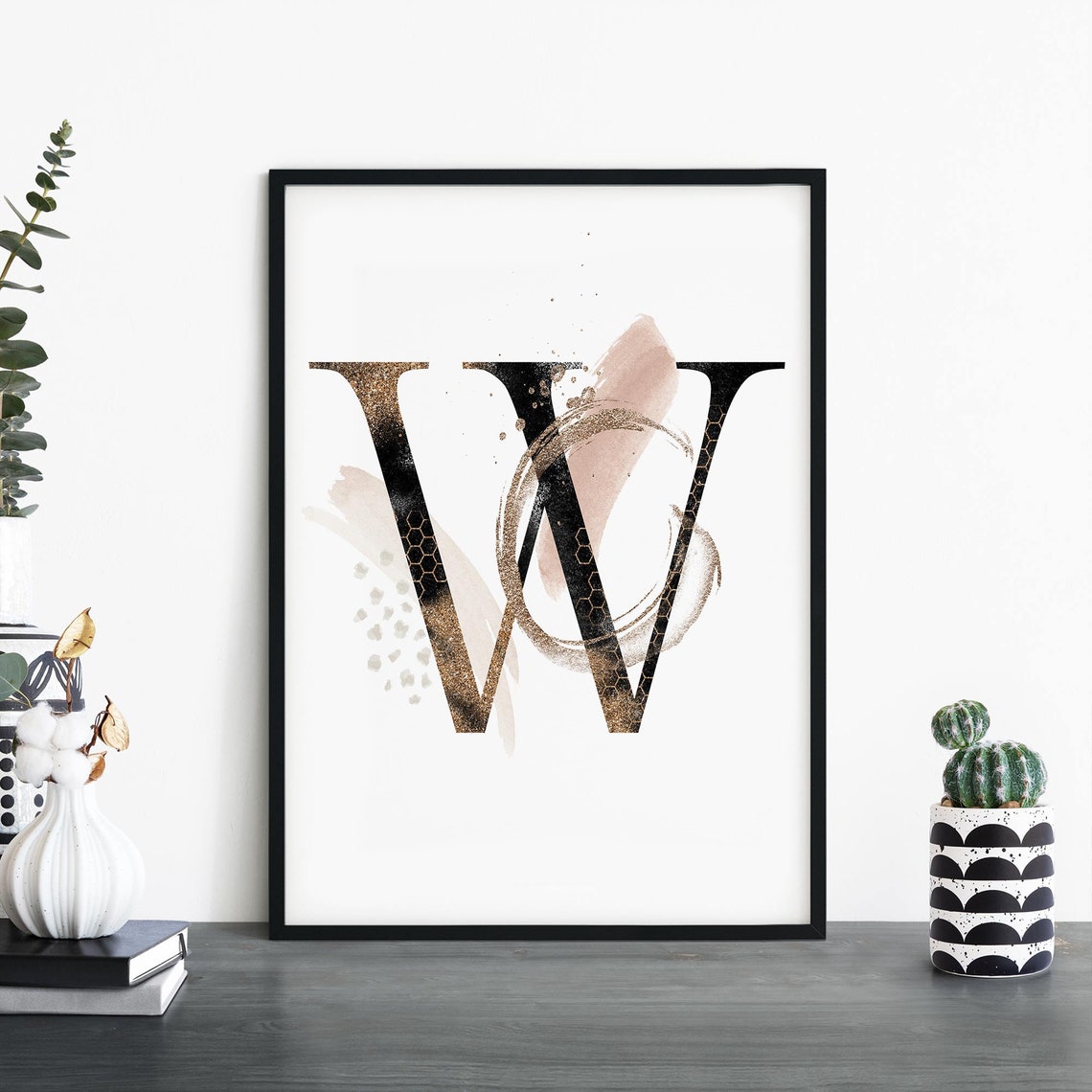 Black Gold Abstract Letter W Monogram Modern Brushstroke Art Poster