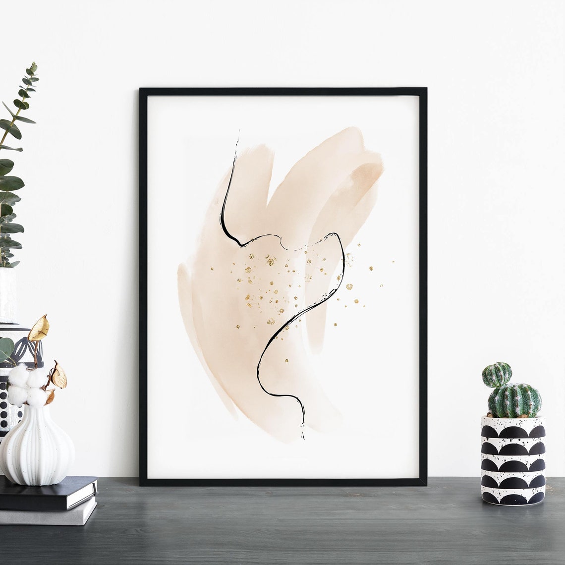 Beige Watercolor Brushstroke Gold Fleck Minimalist Abstract Poster