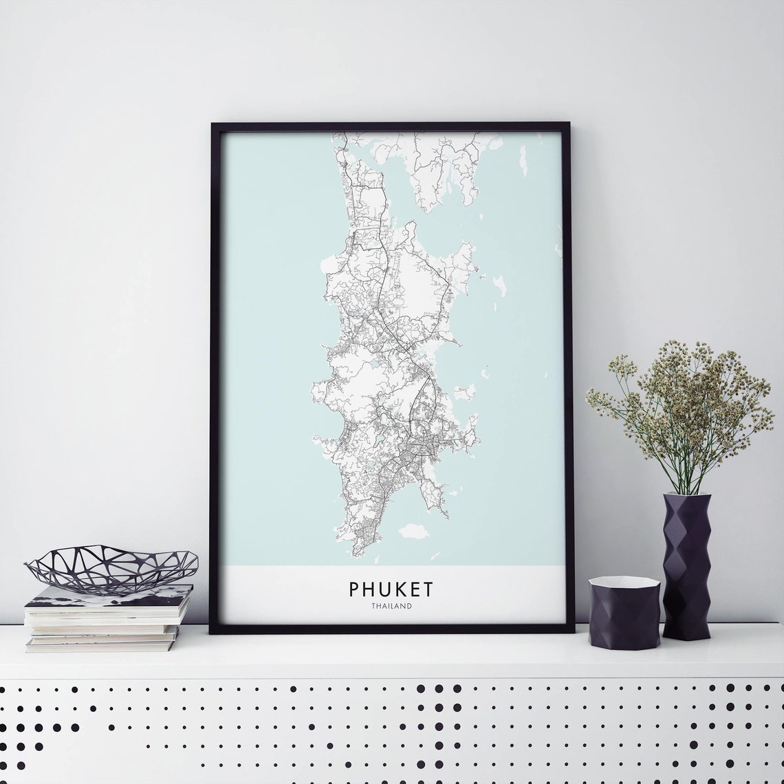 Phuket Thailand Aqua Island Street Map Coastal Framed Style Poster