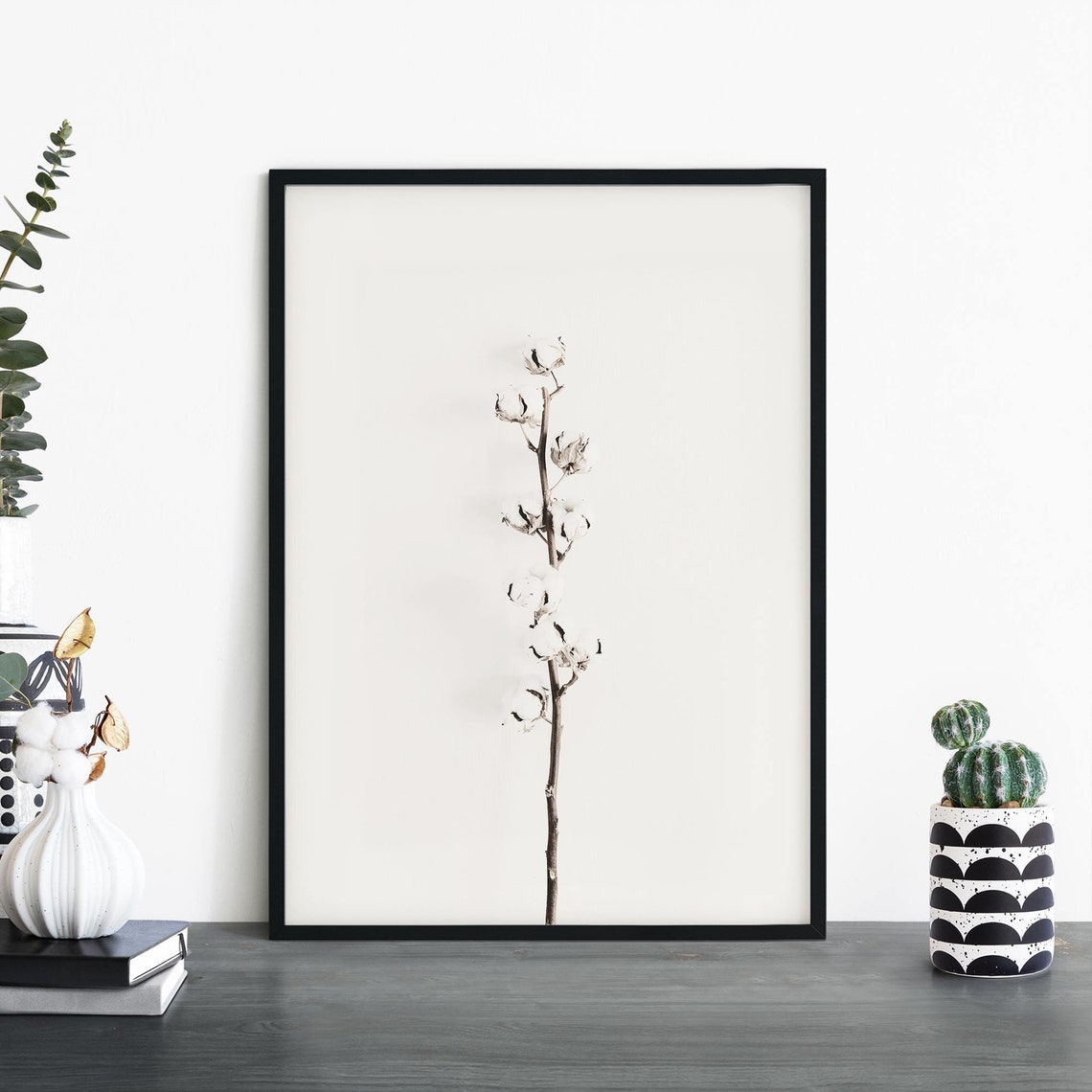 Delicate Cotton Stem Botanical Photography on White Minimalist Print
