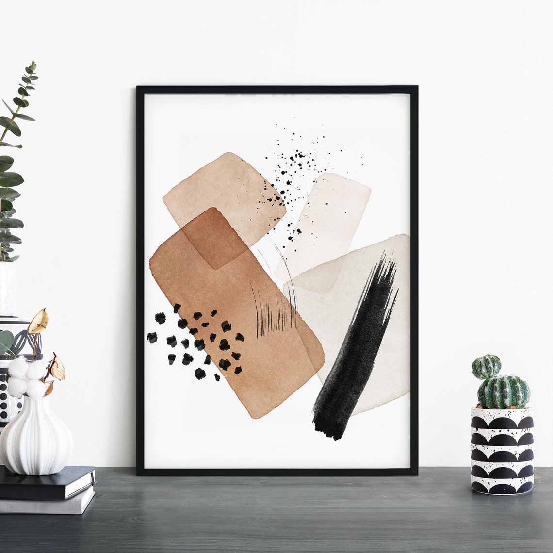 Abstract Tan Black Geometric Watercolor Shapes Modern Art Poster
