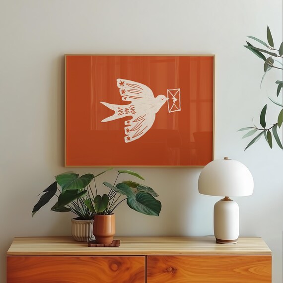 Red Bird Love Letter Print Matisse Style Wall Art Abstract Pigeon Illustration Terracotta Modern Minimalist Decor Romantic Home
