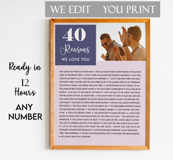40th Birthday Gift 40 Reasons We Love You Personalised Print Gift Idea Custom Gift 40 Reasons Personalized Gift