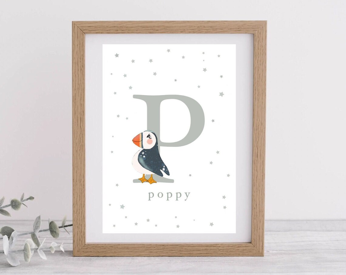 Personalised Letter P Puffin Poster with Name Poppy for Nursery