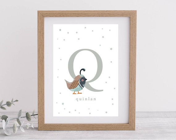 Personalised Quail Q Letter Illustration Art For Nurserykids Room
