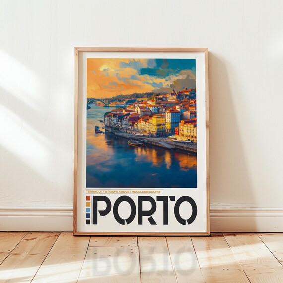 Porto Portugal Travel Poster Douro River Terracotta Roofs Golden Sunset Cityscape