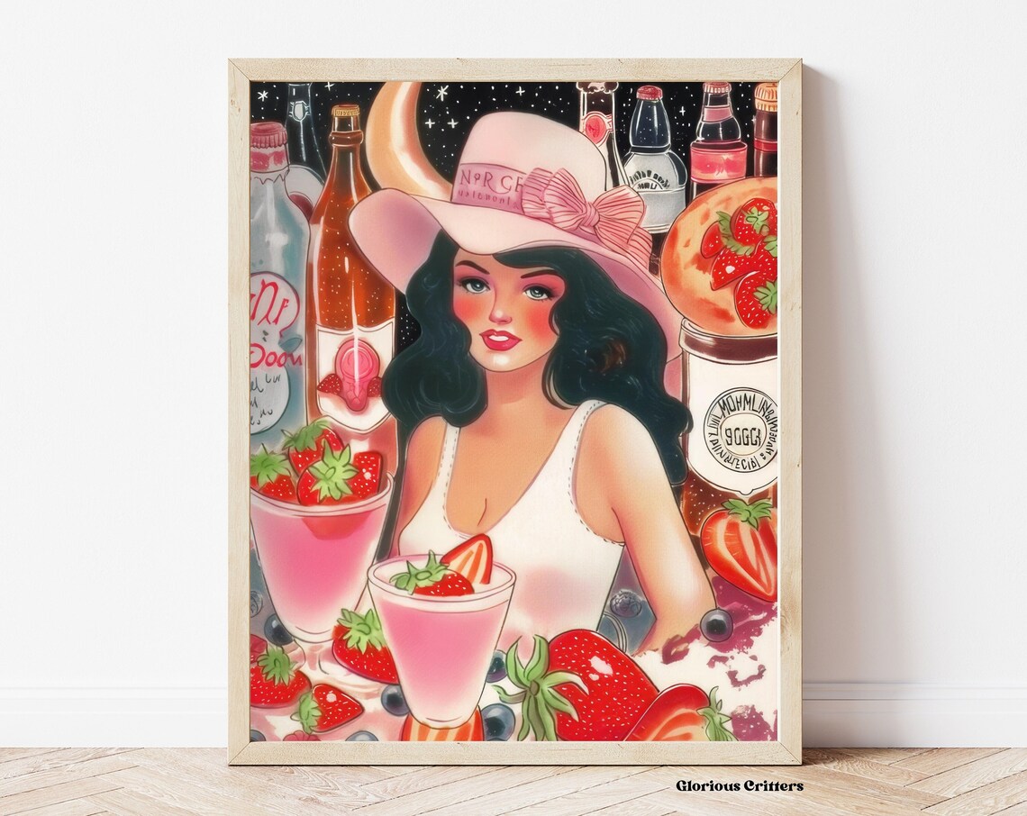 Pink Strawberry Cowgirl Retro Western Bar Illustration Poster