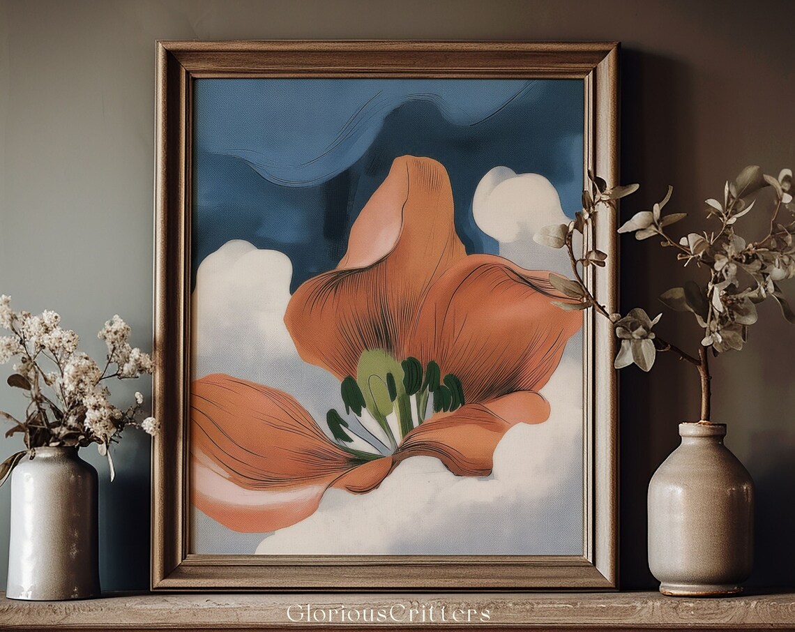 Orange Bloom Abstract Floral Art Indigo Night Sky Wall Poster