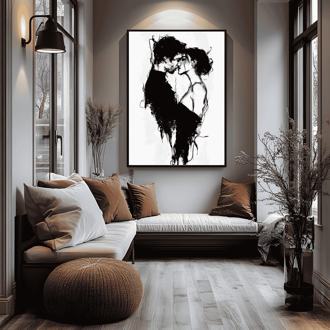 Romantic Ink Couple Kiss Passionate Black White Sketch Love Art Poster - Image 2