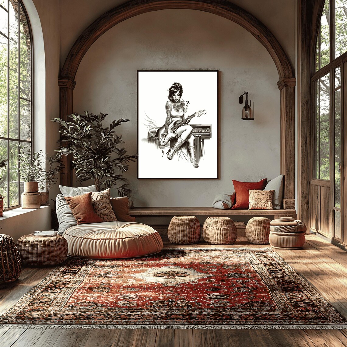 Tattooed Woman Guitarist Rock Pin Up Black White Ink Drawing Art Poster - Image 3