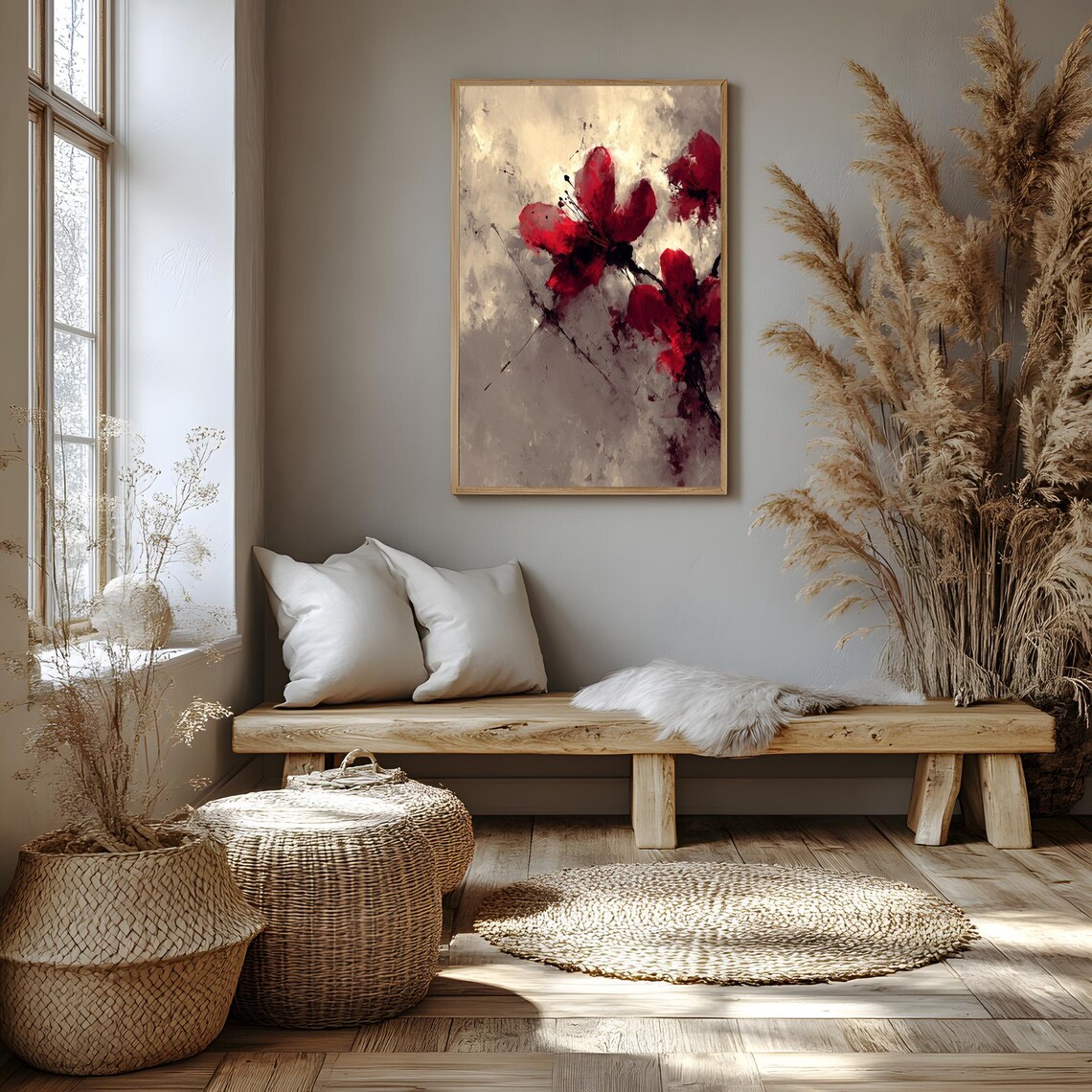 Japanese Ink Wash Red Flowers Abstract Floral Botanical Zen Art Poster - Image 2