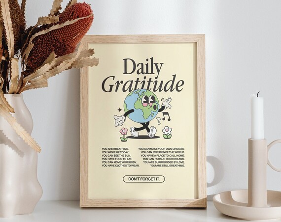 Daily Gratitude Poster A4 A3 A2 Vintage Retro Positive Affirmations Print Motivational Character Quote Wall Art Decor Gift