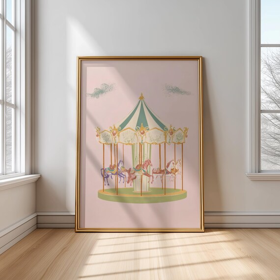Vintage Carousel Nursery Print Whimsical Pastel Horse Wall Art Baby Girl Room Decor Playroom Poster Kids