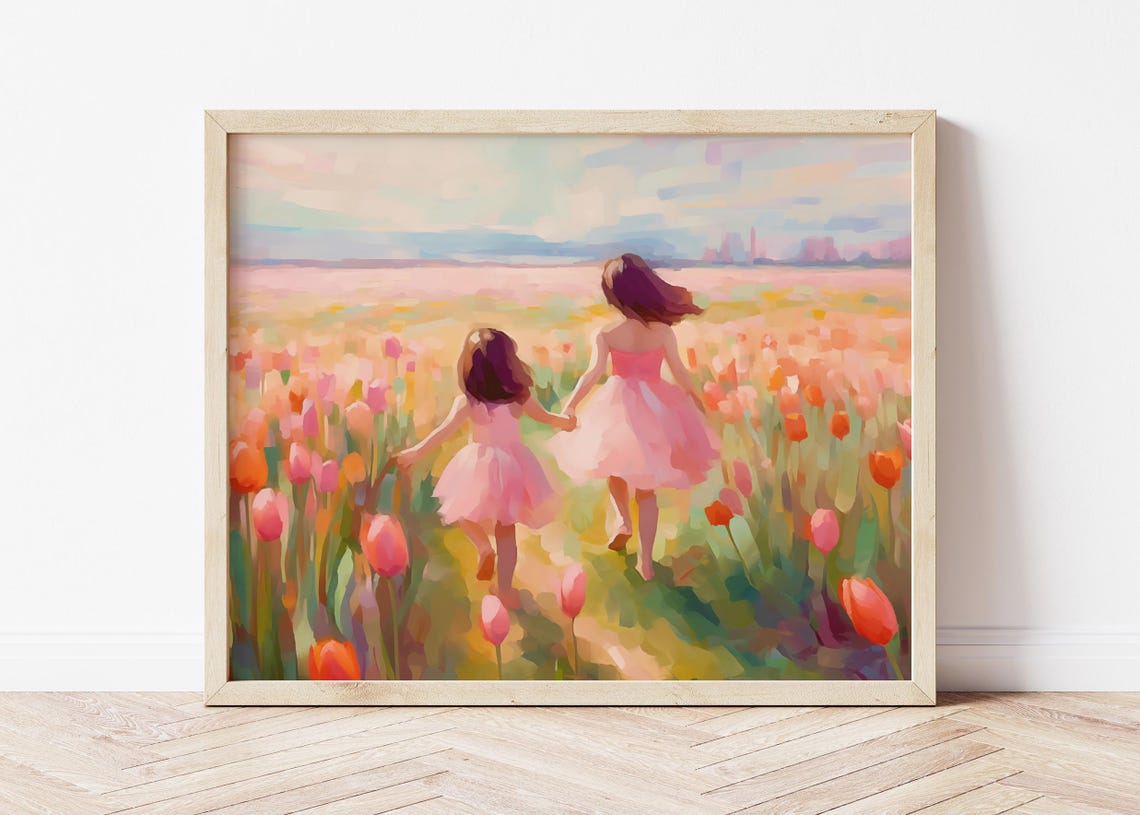 Two Sisters Running Through Tulip Field Spring Painting Poster