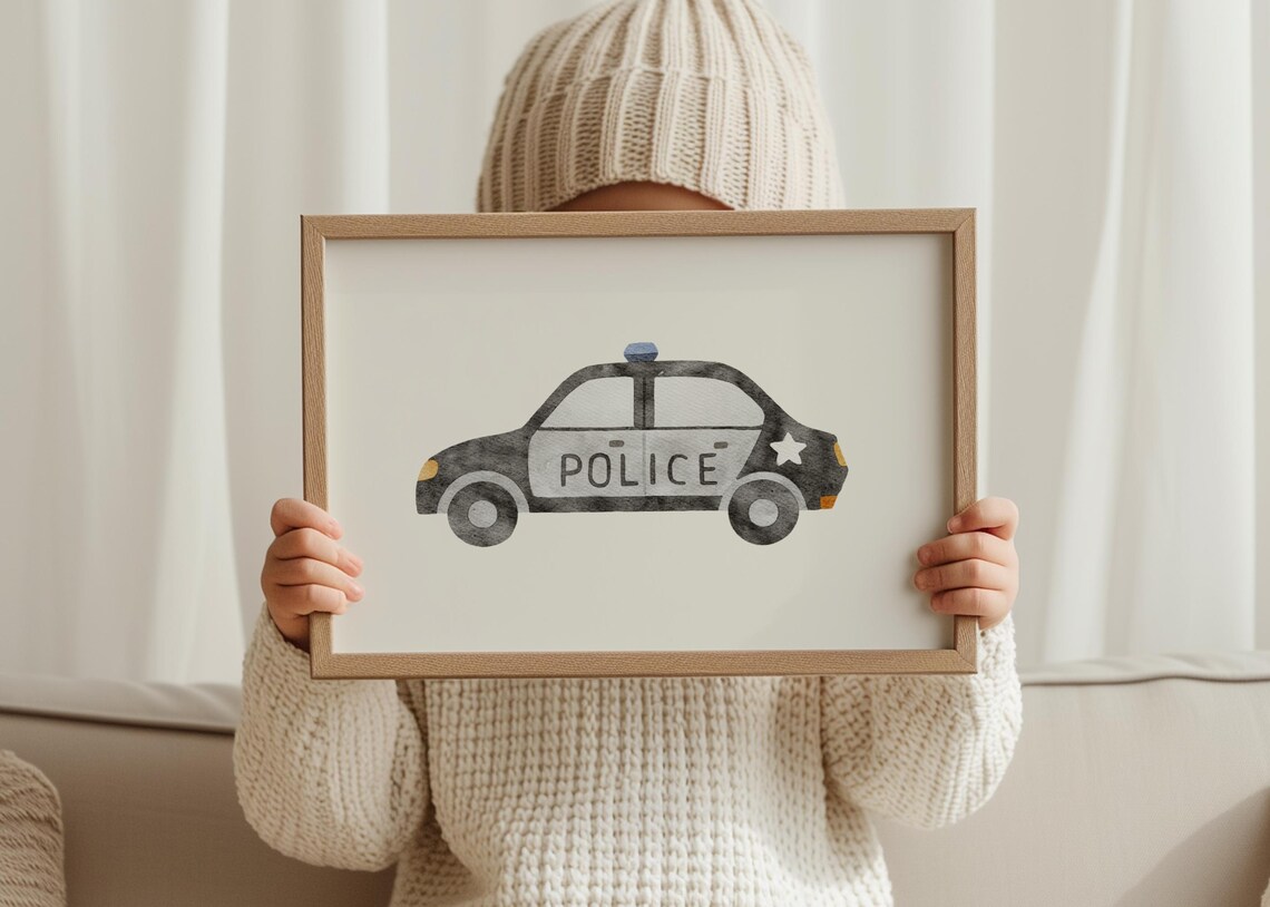Watercolor Police Car Kids Room Nursery Vehicle Minimalist Wall Poster