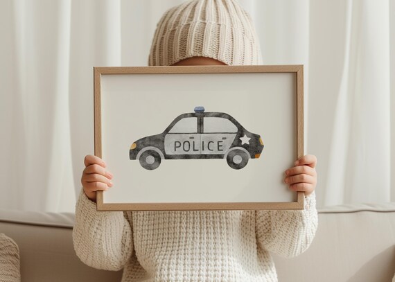 Police Car Watercolor Nursery Art Minimalist Kids Room Decor Poster