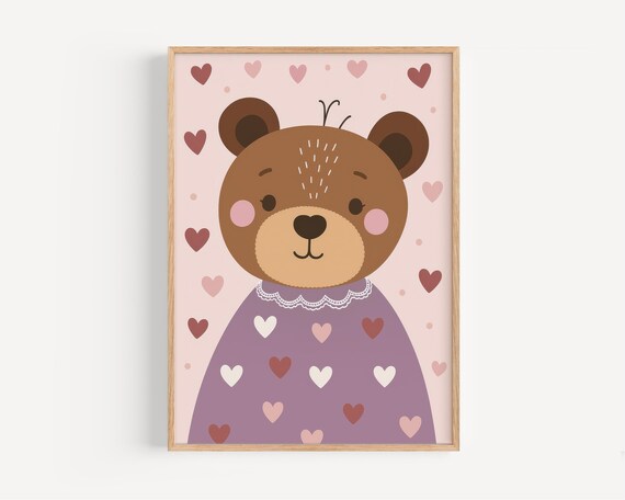 Cozy Purple Bear Dress Poster Whimsical Kids Room Wall Art Animal Illustration For Nursery Decor