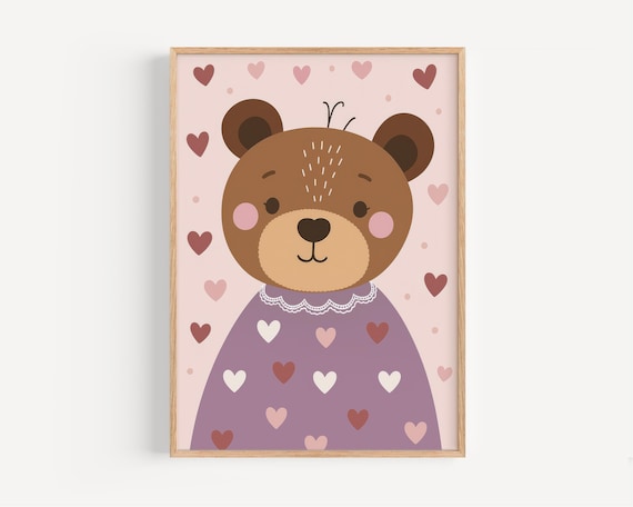 Sweet Brown Bear in Purple Heart Dress on Pink Nursery Poster
