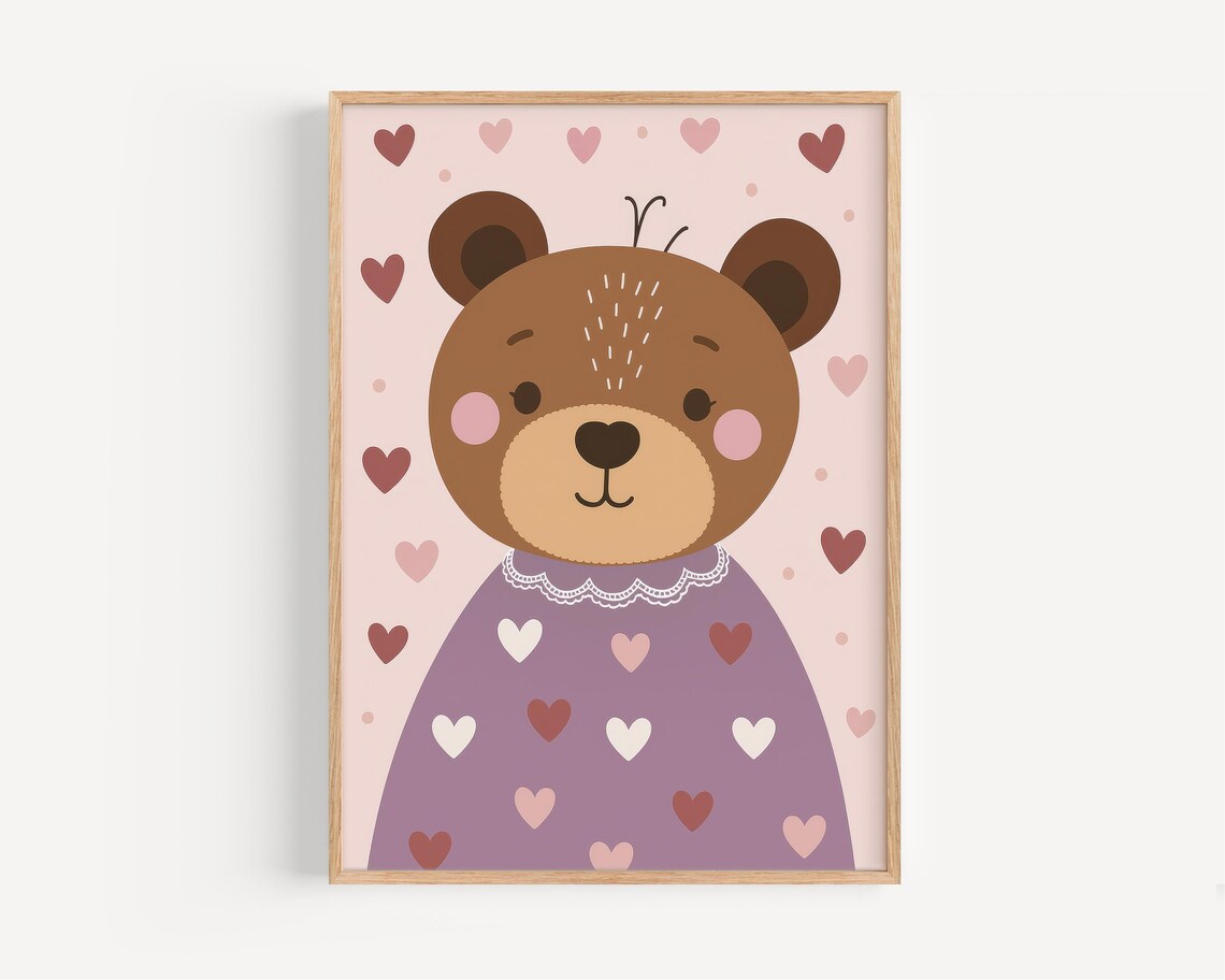 Sweet Brown Bear in Purple Heart Dress on Pink Nursery Poster