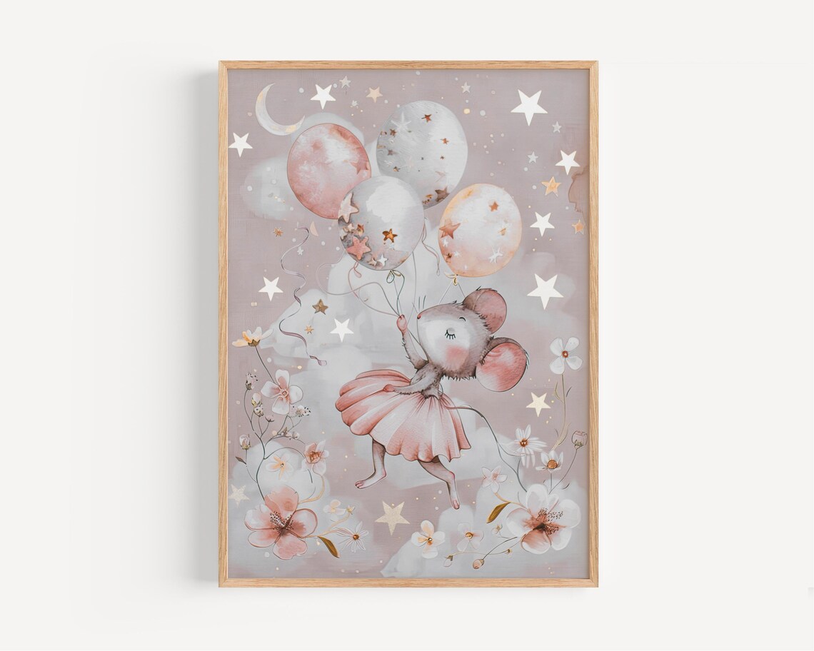 Ballerina Mouse in a Pink Tutu Floating With Balloons Starry Nursery Poster