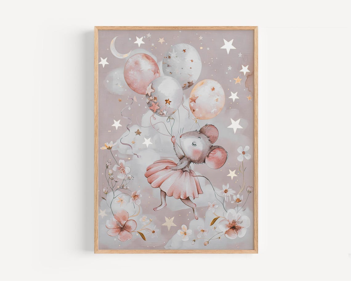 Ballerina Mouse Nursery Wall Art Cute Poster For Baby Girl Room Vintage Animal Print With Balloons Kids Decor
