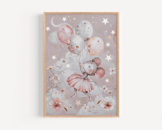 Ballerina Mouse in a Pink Tutu Floating With Balloons Starry Nursery Poster