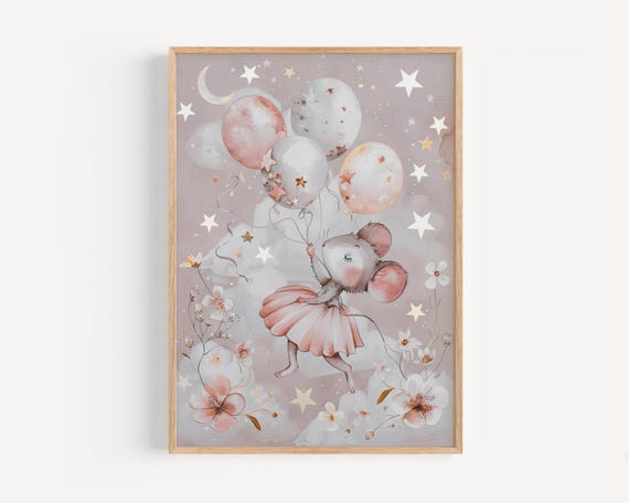 Ballerina Mouse Nursery Wall Art Cute Poster For Baby Girl Room Vintage Animal Print With Balloons Kids Decor